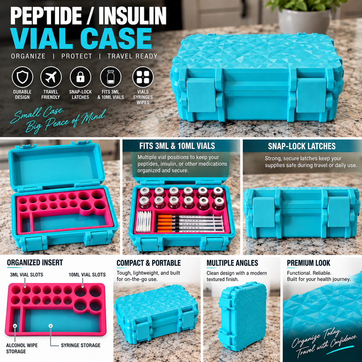 Peptide / Insulin Vial Case in blue — full marketing view