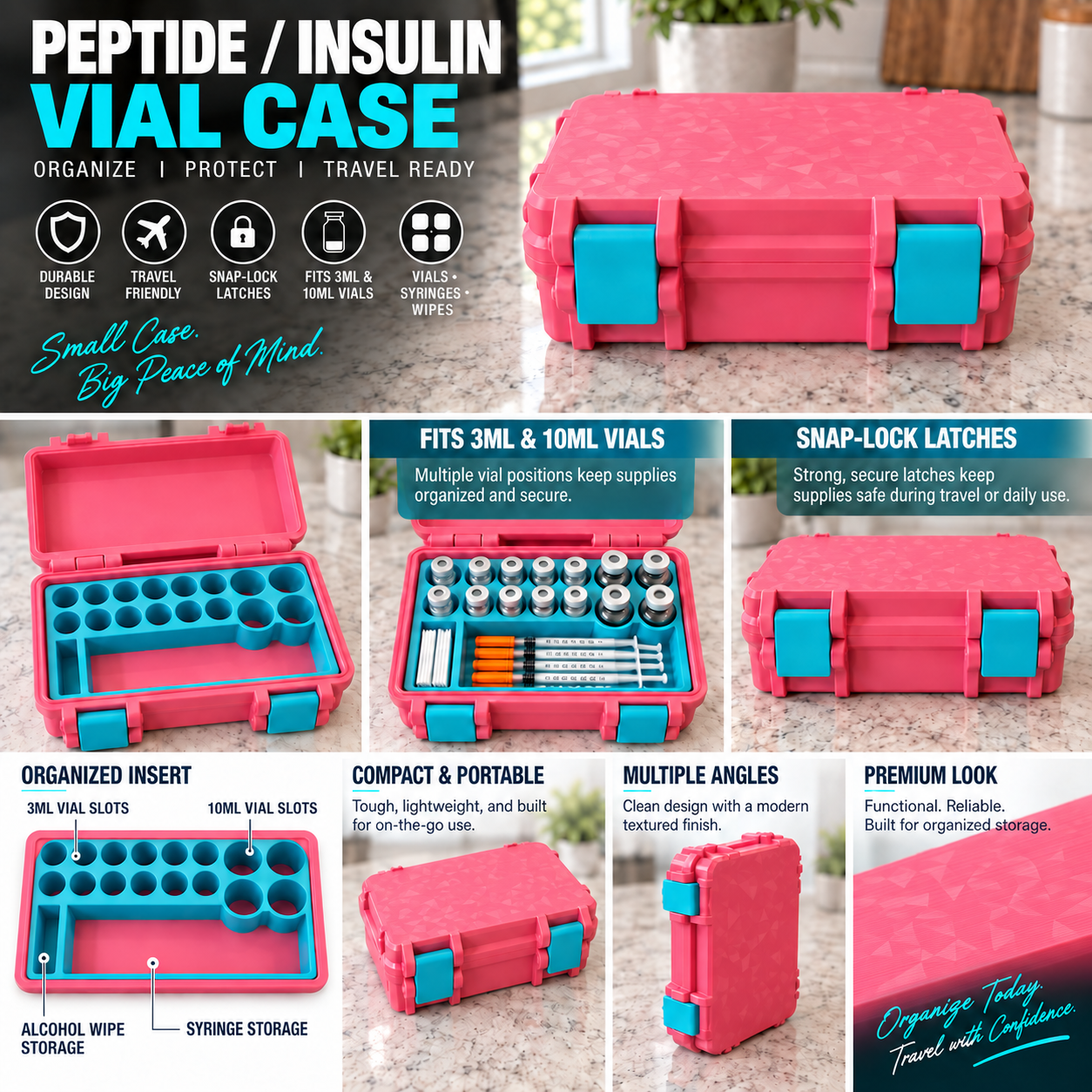 Peptide / Insulin Vial Case in pink — full marketing view